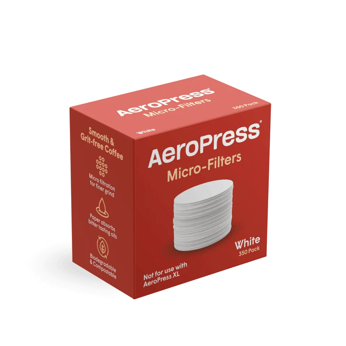A red box of AeroPress Micro-Filters, White, containing 250 filters, shown on a clean white background.
