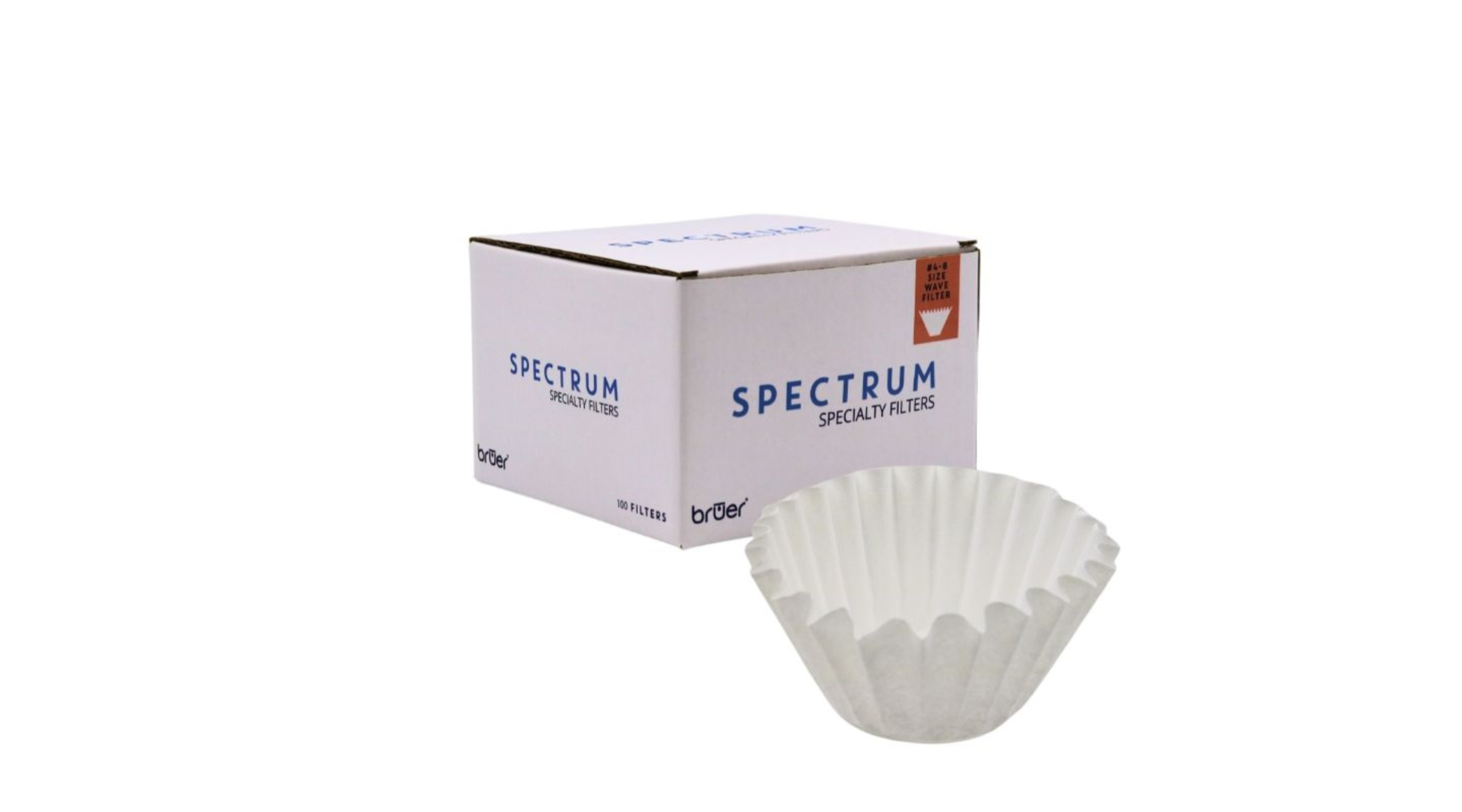 Box of Spectrum Bruer Wave coffee filters with a single filter on a white background