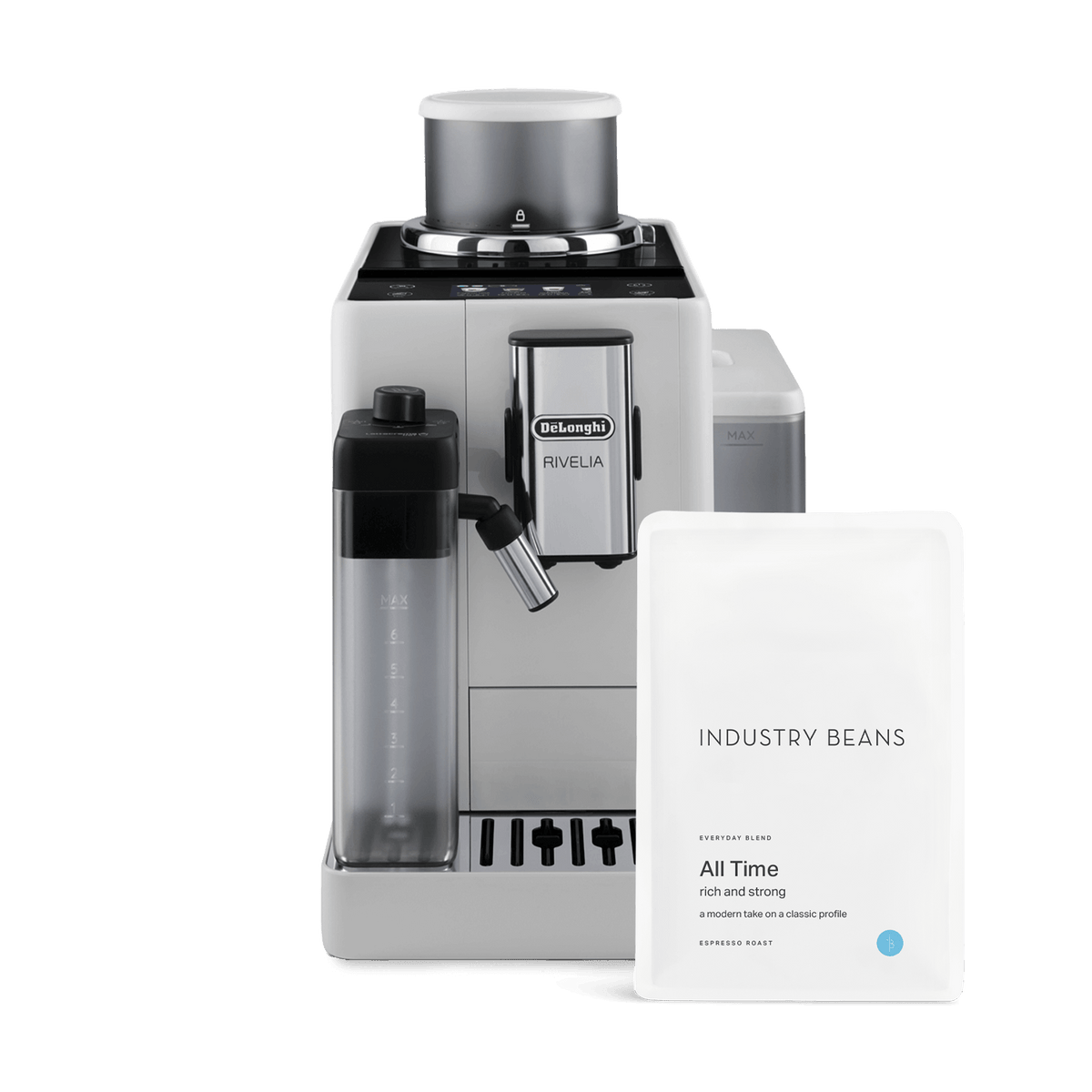 De'Longhi Rivelia Automatic Coffee Machine with a portafilter attached to it and coffee bags displayed in front.