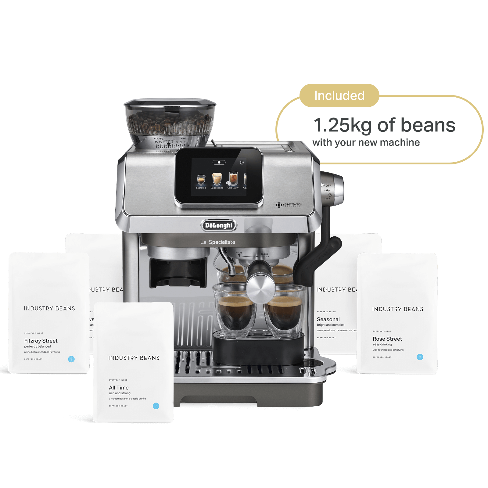De'Longhi La Specialista Touch Metal espresso machine with Industry Beans coffee bags.