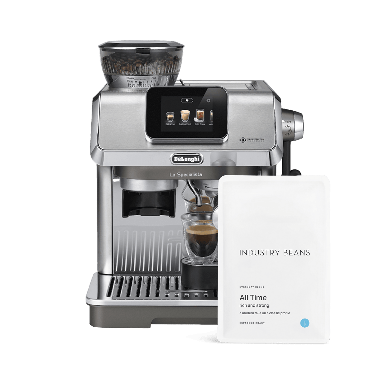 De'Longhi La Specialista Touch Metal espresso machine with Industry Beans coffee bags.