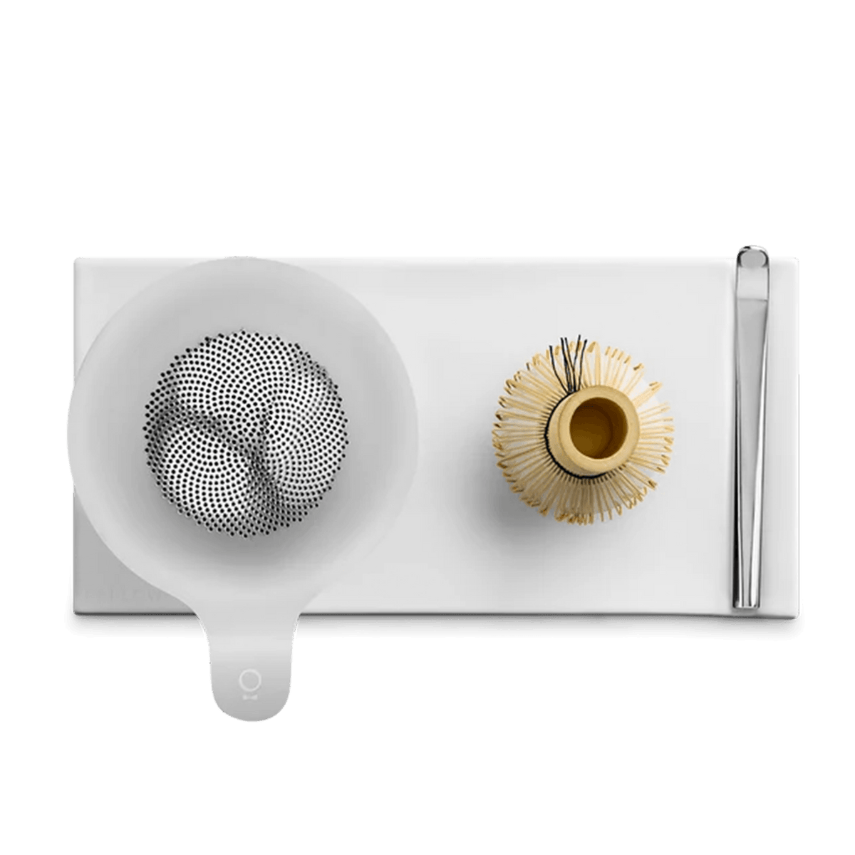 Fellow Matcha Set in Matte White with ceramic bowl, bamboo whisk, sifter and tea tray, top-down view
