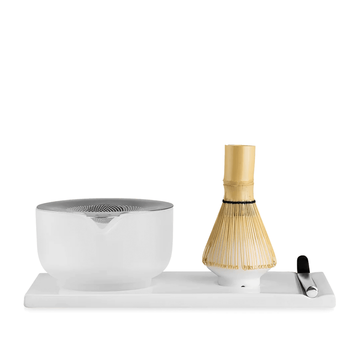 Fellow Matcha Set in Matte White with ceramic bowl, bamboo whisk, sifter and tea tray