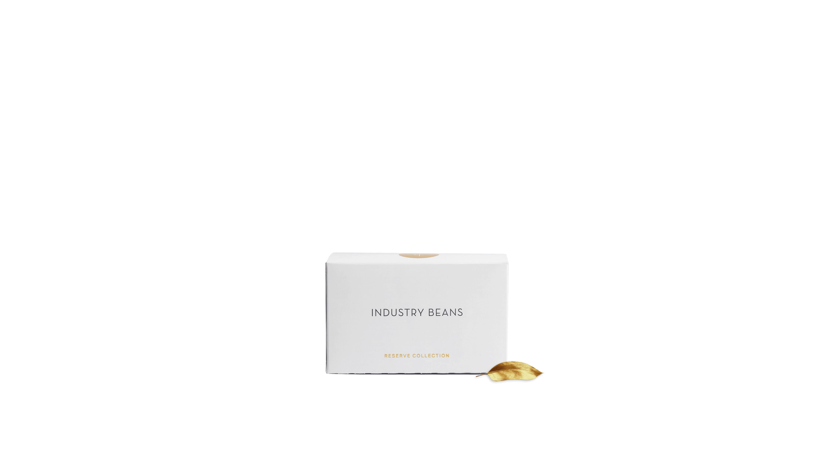 White box labeled 'Industry Beans' with a gold leaf