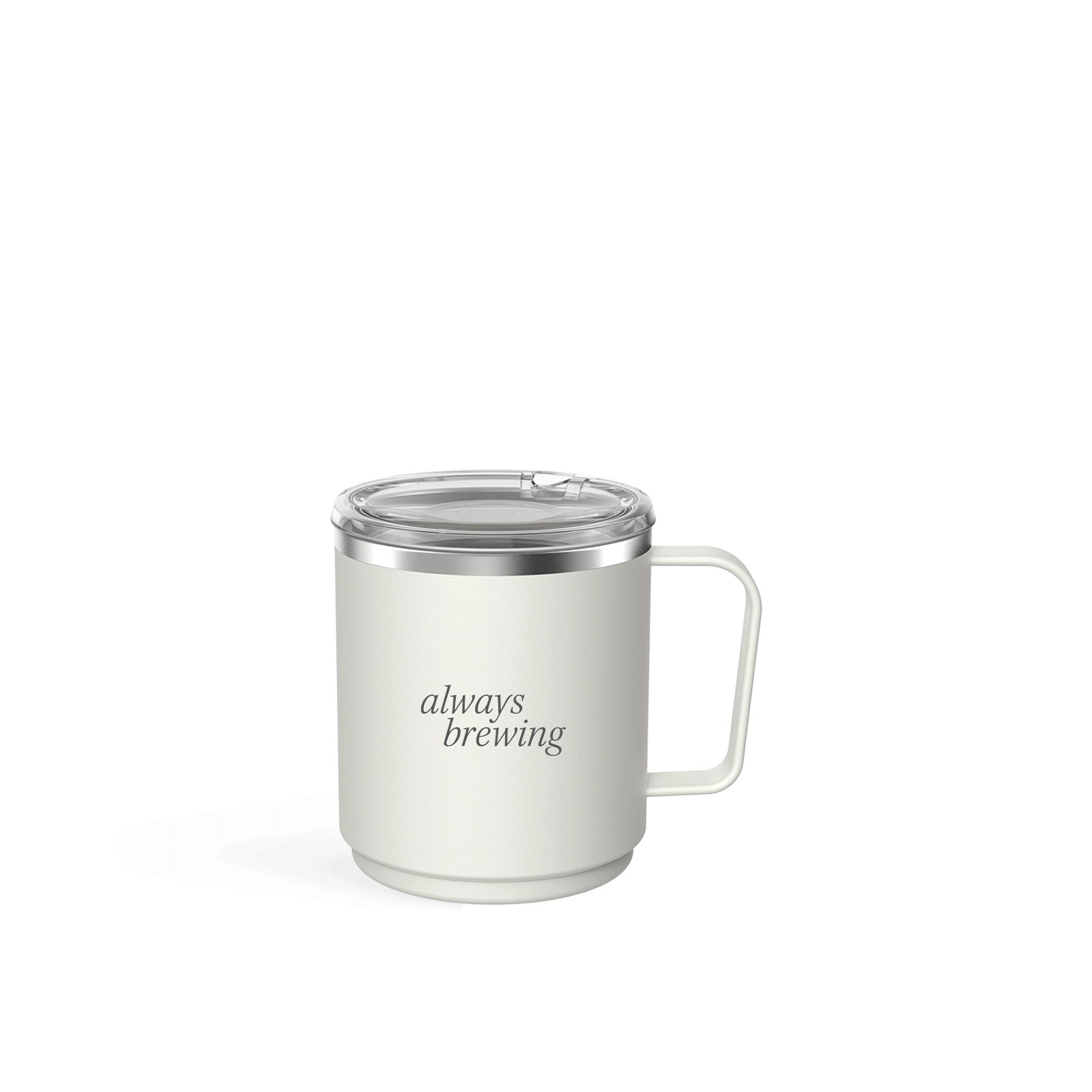 White mug with 'always brewing' text on a black background