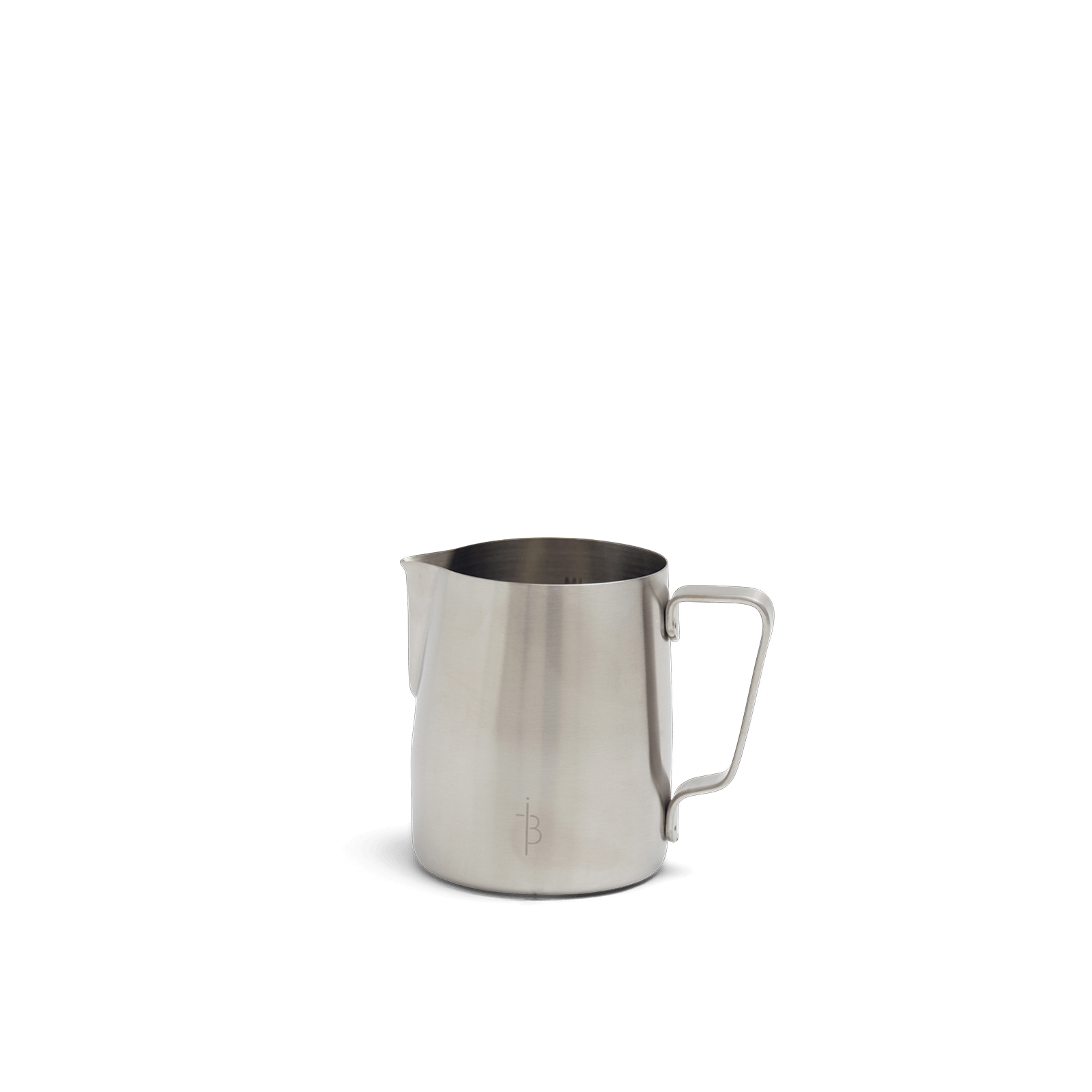 A stainless steel milk jug with a handle and spout, placed against a neutral background.
