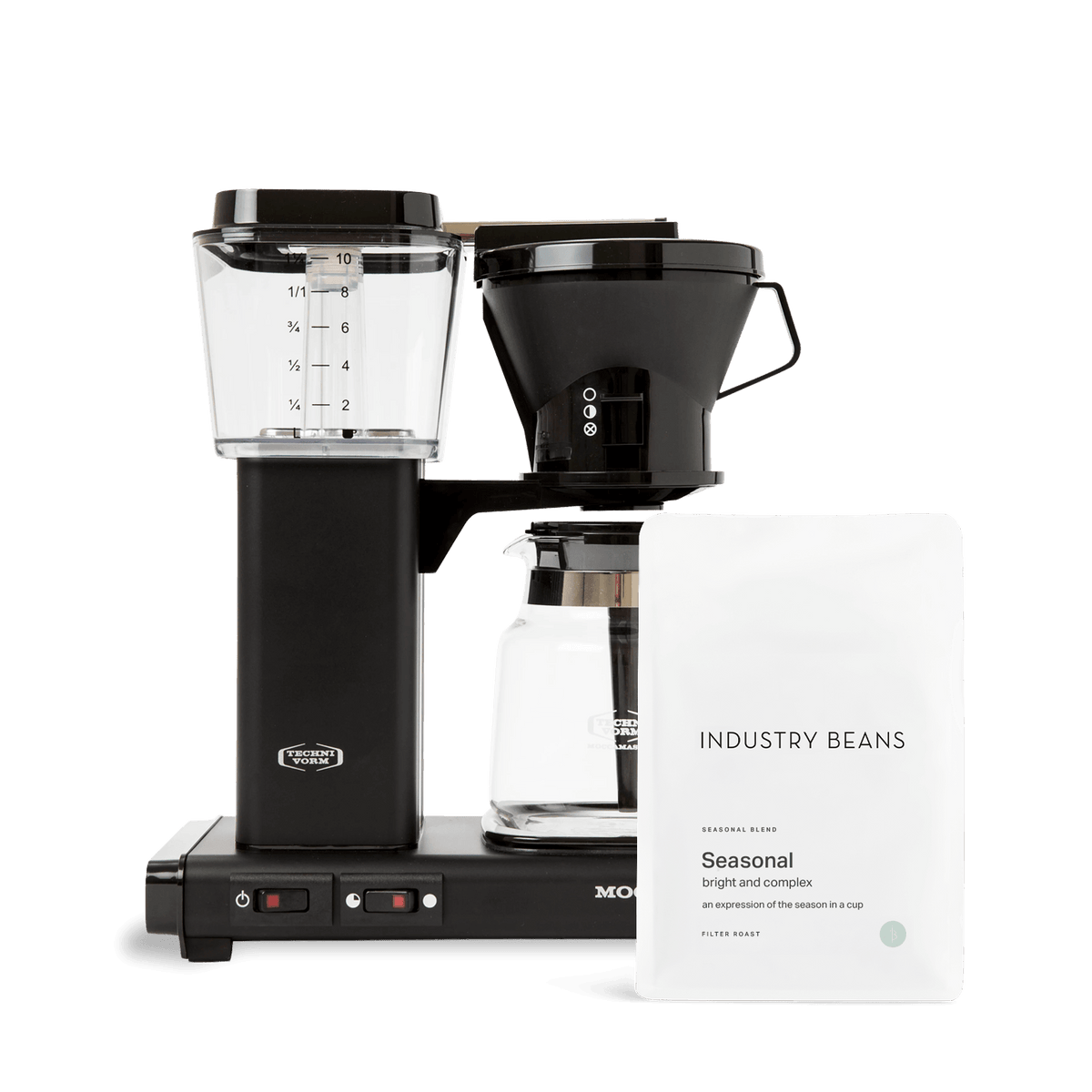 Moccamaster black batch brewer comes with 250g seasonal filter blend