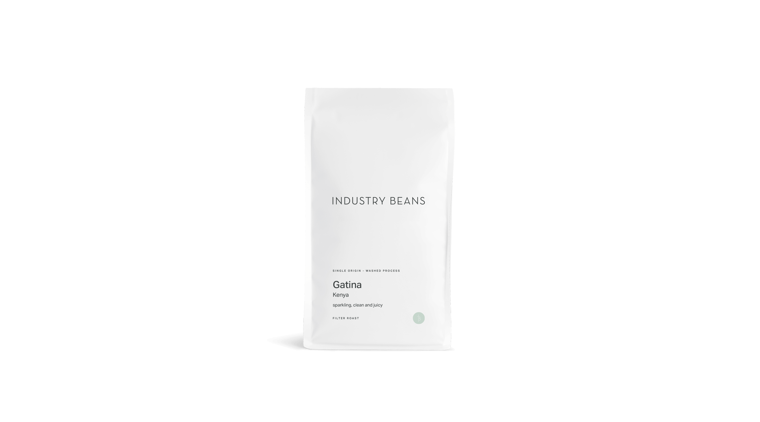 White coffee bean bag labeled 'Industry Beans' on a black background