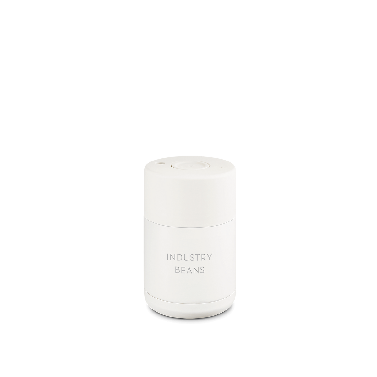 A white ceramic reusable cup with a lid, on a plain background.