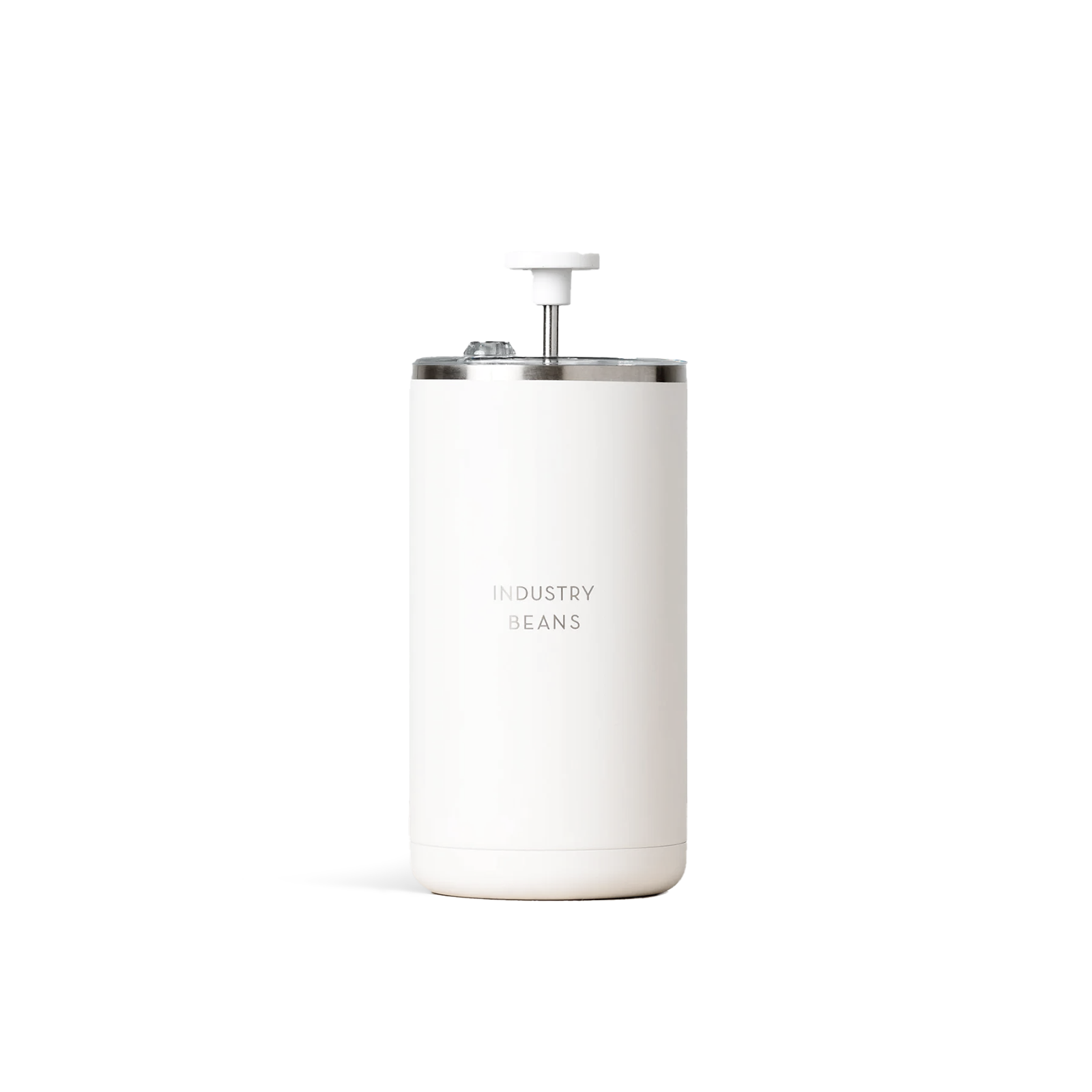 A white ceramic French Press with a stainless steel lid and base, designed for making coffee.