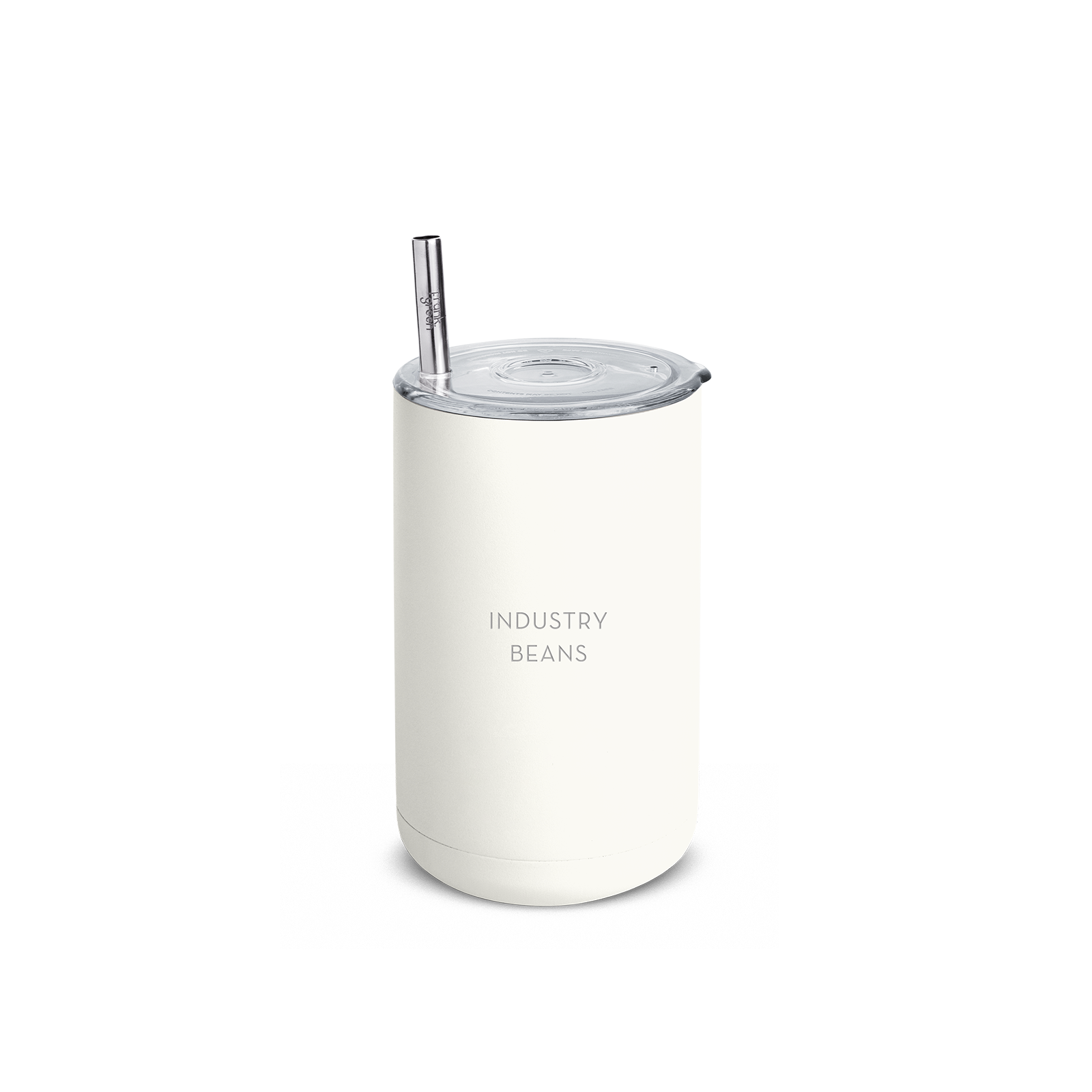 A white frank green iced coffee cup with a screw-on lid and a metal straw.