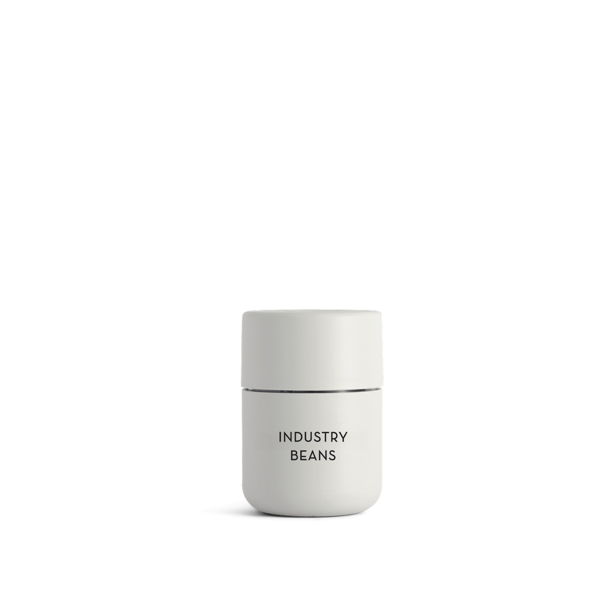 White cup with 'Industry Beans' branding on a black background