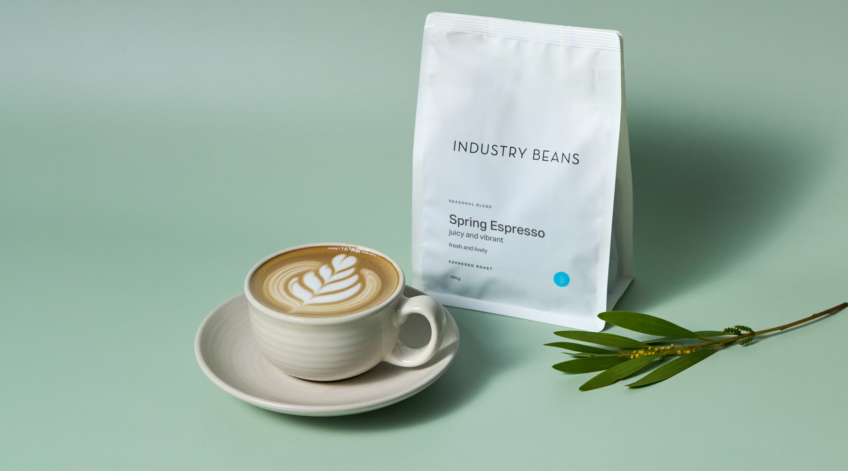 A bag of Industry Beans Spring Espresso blend with a ceramic flat white mug with coffee