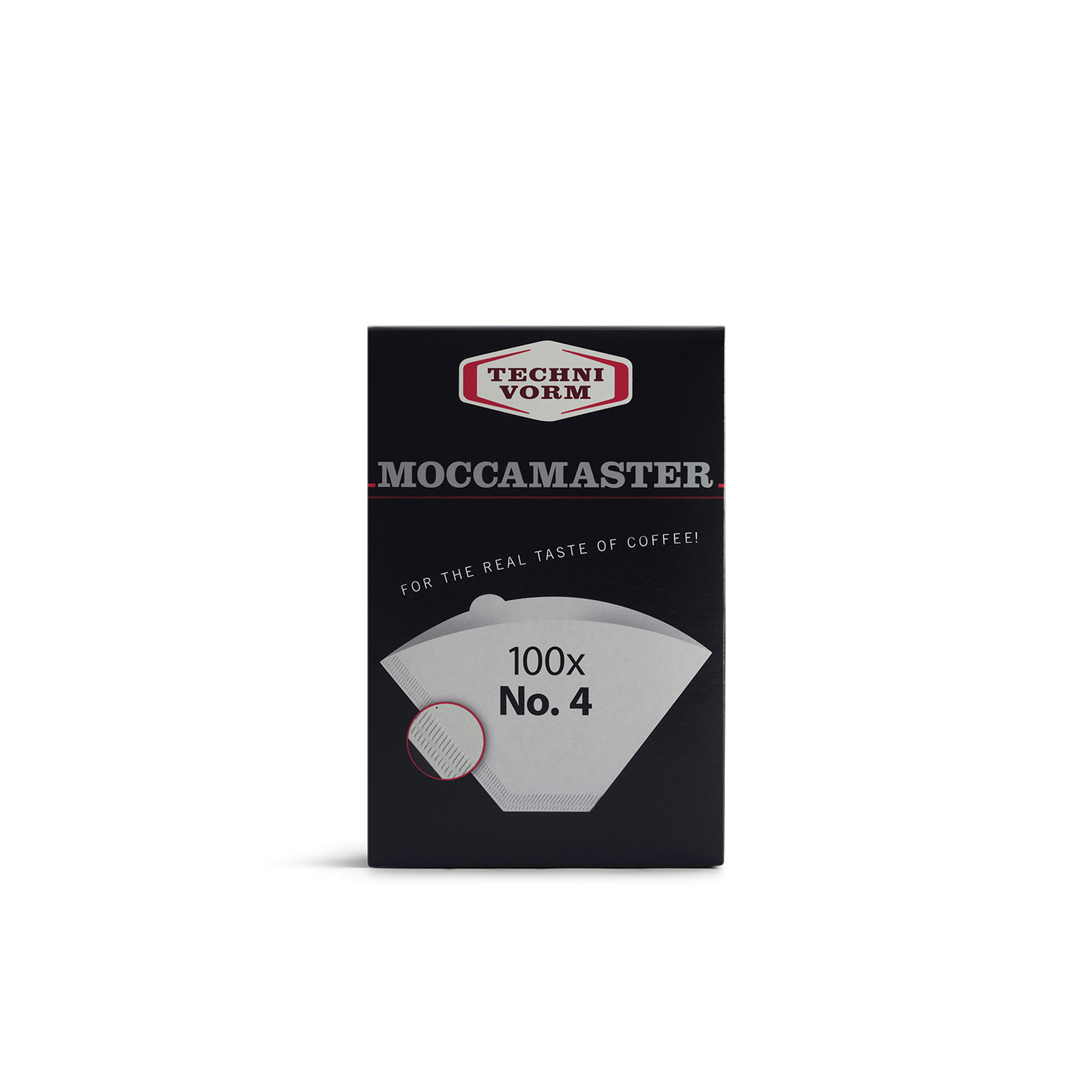 A pack of Moccamaster number 4 cone-shaped paper filters for coffee machines. The packaging is black with white text and filter illustration.