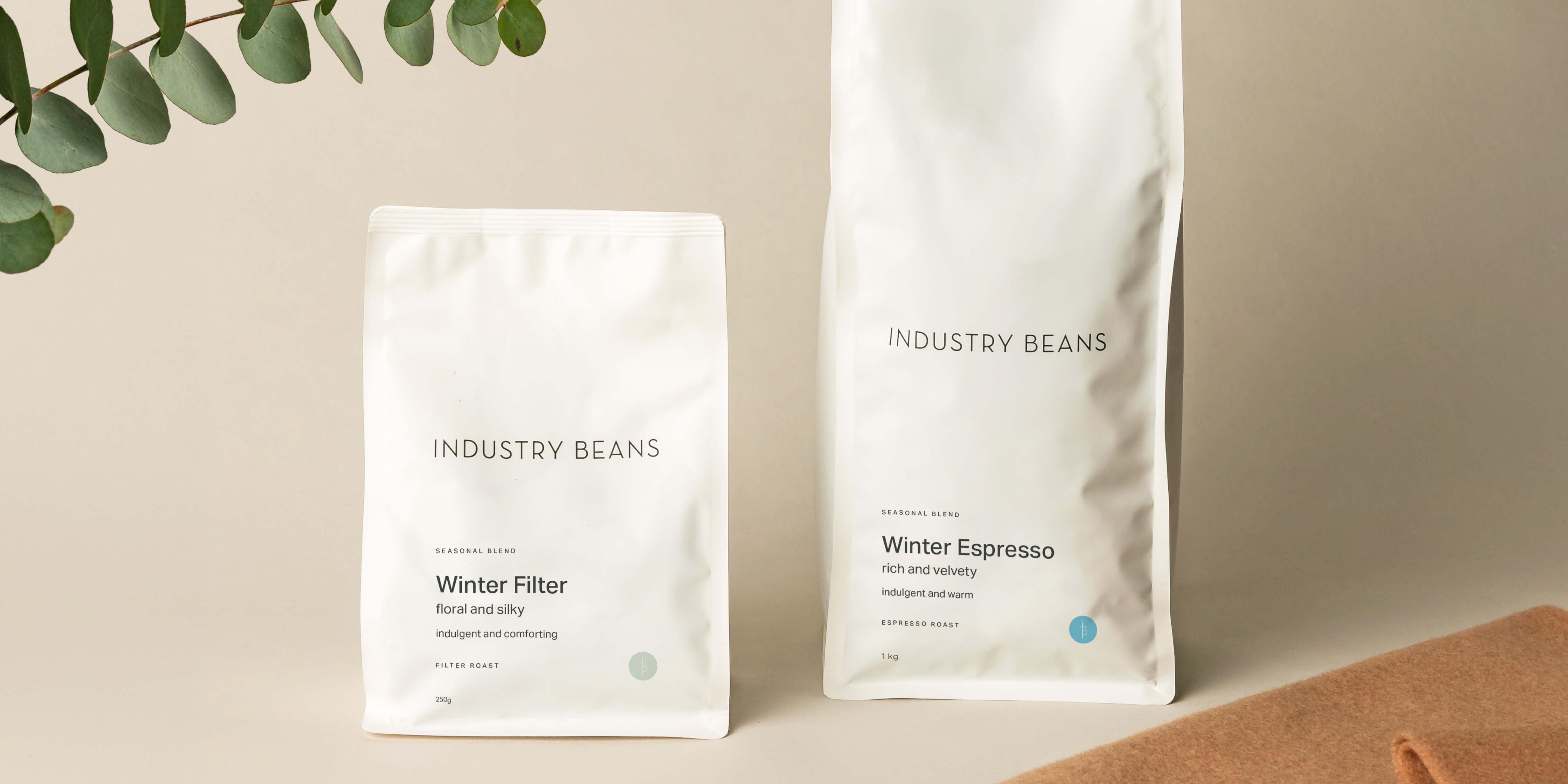 Industry Beans Autumn Seasonal Collection - Autumn Espresso Coffee Beans Bag with ceramic mug with latte art