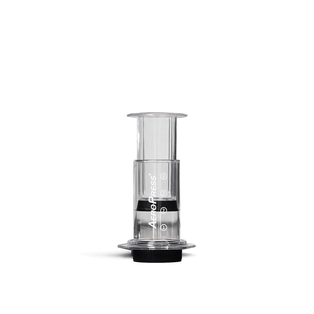 A clear, shatterproof coffee maker made by Aeropress, with visible brewing components inside the device.