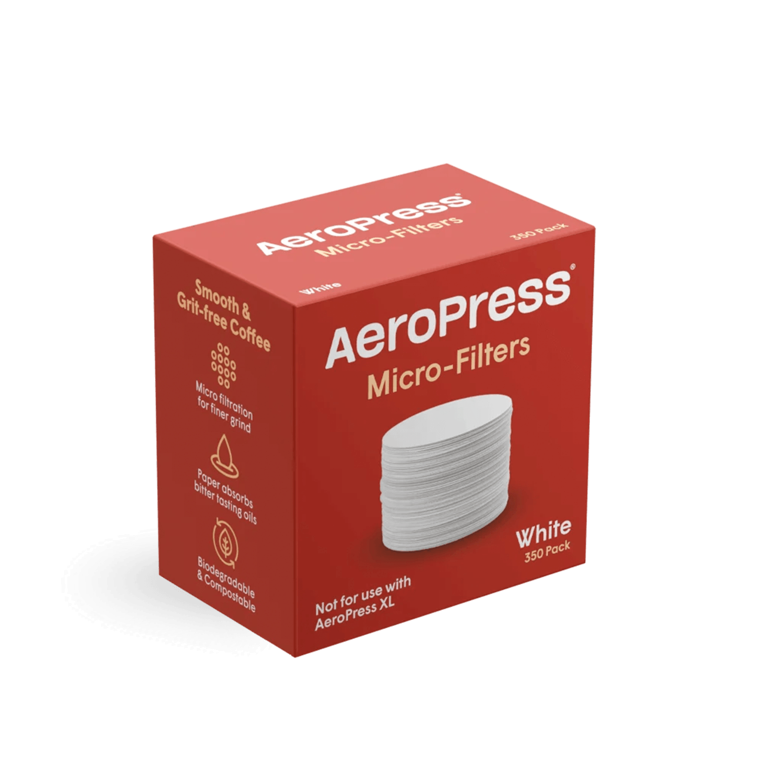 A red box of AeroPress Micro-Filters, White, containing 250 filters, shown on a clean white background.