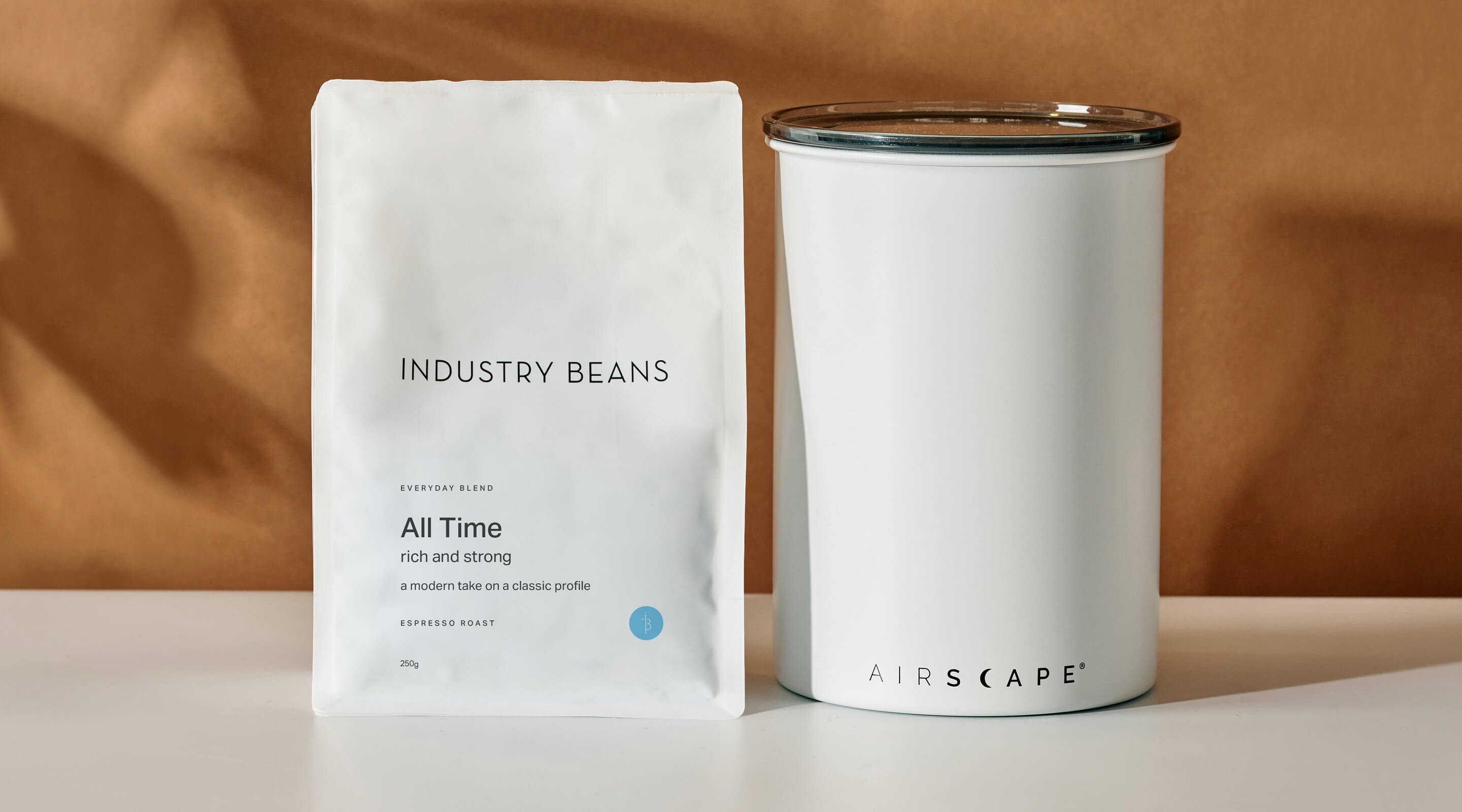 Airscape Coffee Canister 1kg in White With Bag of Industry Beans All Time Espresso Blend