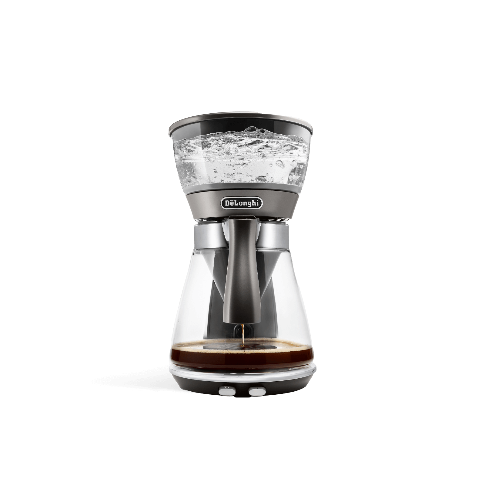 A De'Longhi Clessidra Filter Brewer with a glass carafe, brewing coffee.