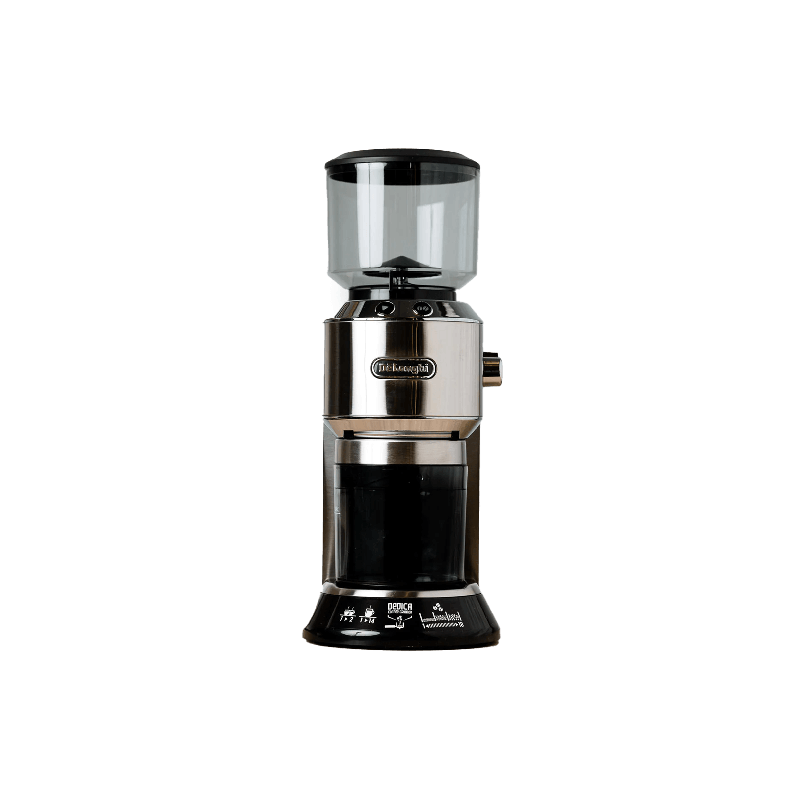 A De'Longhi Dedica coffee grinder with a black body and a clear upper part, displayed against a plain background.
