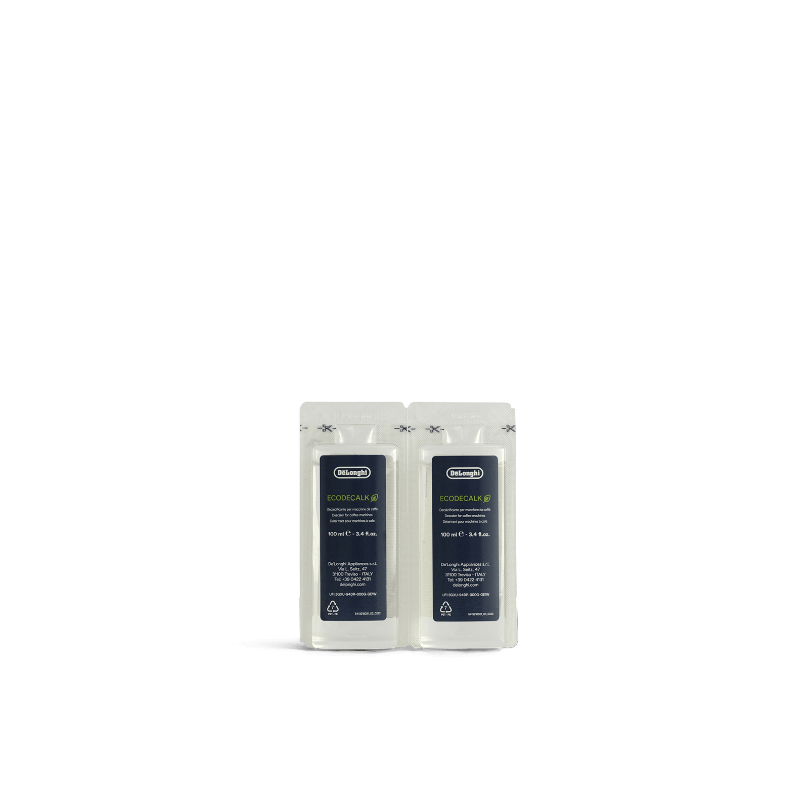 Two bottles of De'Longhi Ecodecalk Descaler with a green background.
