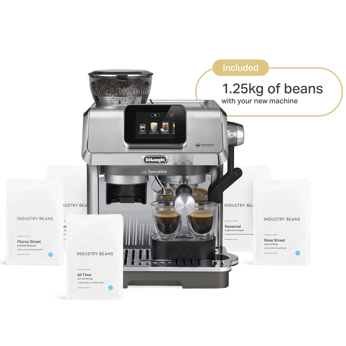 De'Longhi La Specialista Touch Metal espresso machine with Industry Beans coffee bags.