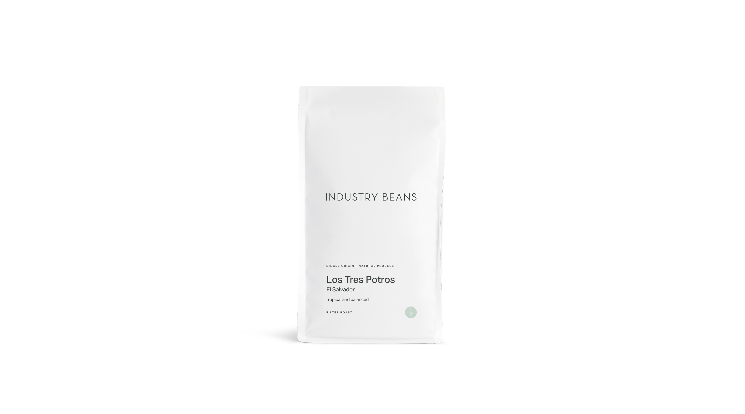 White single origin coffee bag with 'Industry Beans' branding on a white background