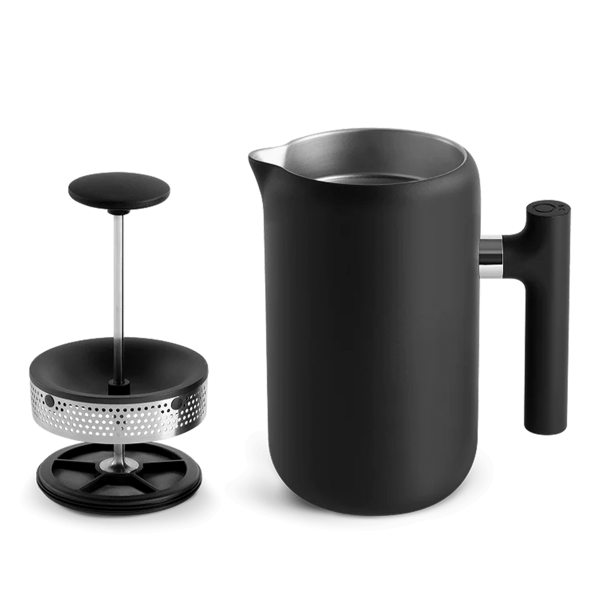 Black Fellow Clara French Press with black handle, lid open and plunger raised
