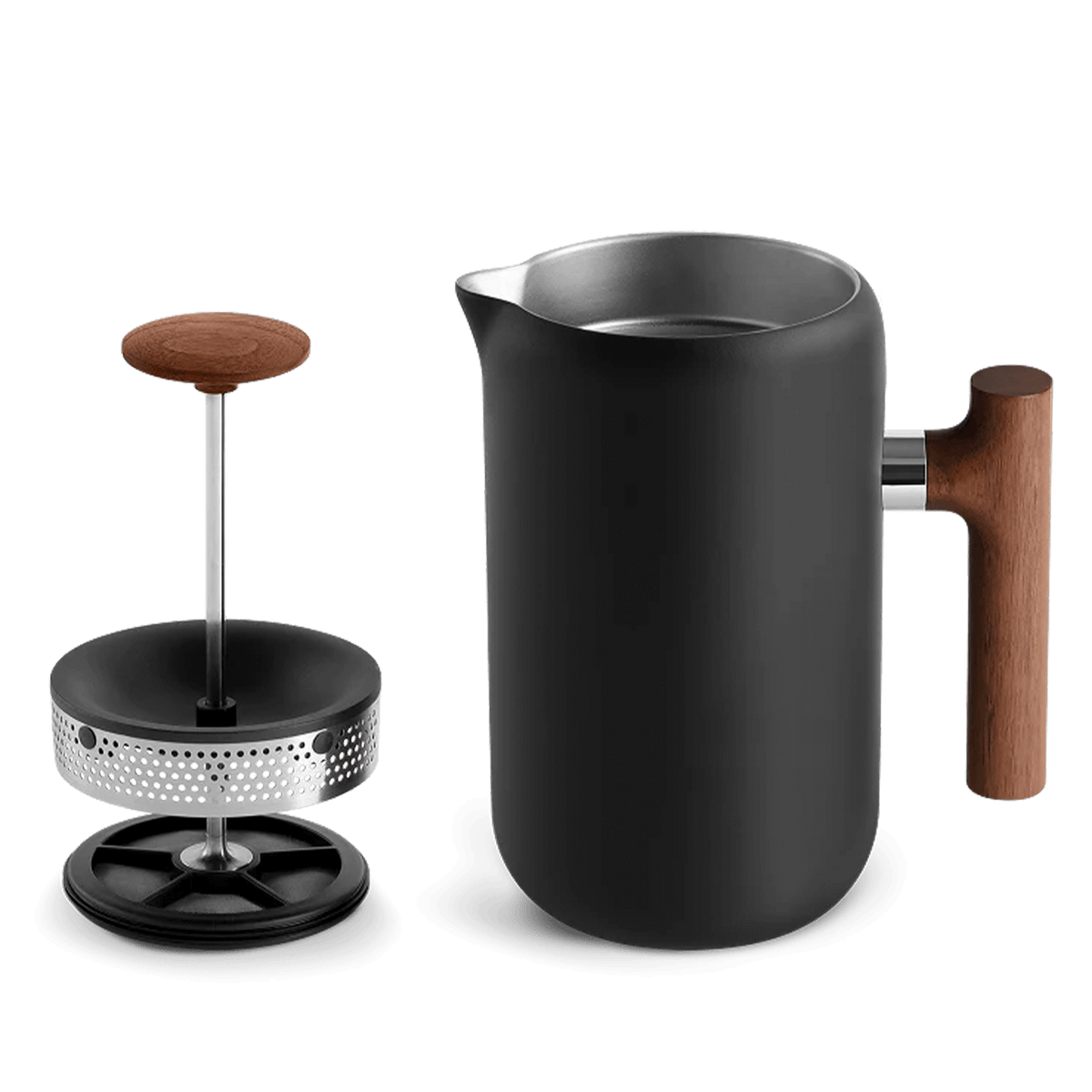 Black Fellow Clara French Press with walnut handle, lid open and plunger raised