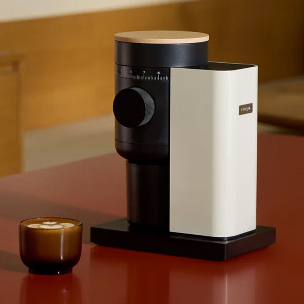 Fellow Opus 2 Grinder in Sesame Maple on a kitchen bench