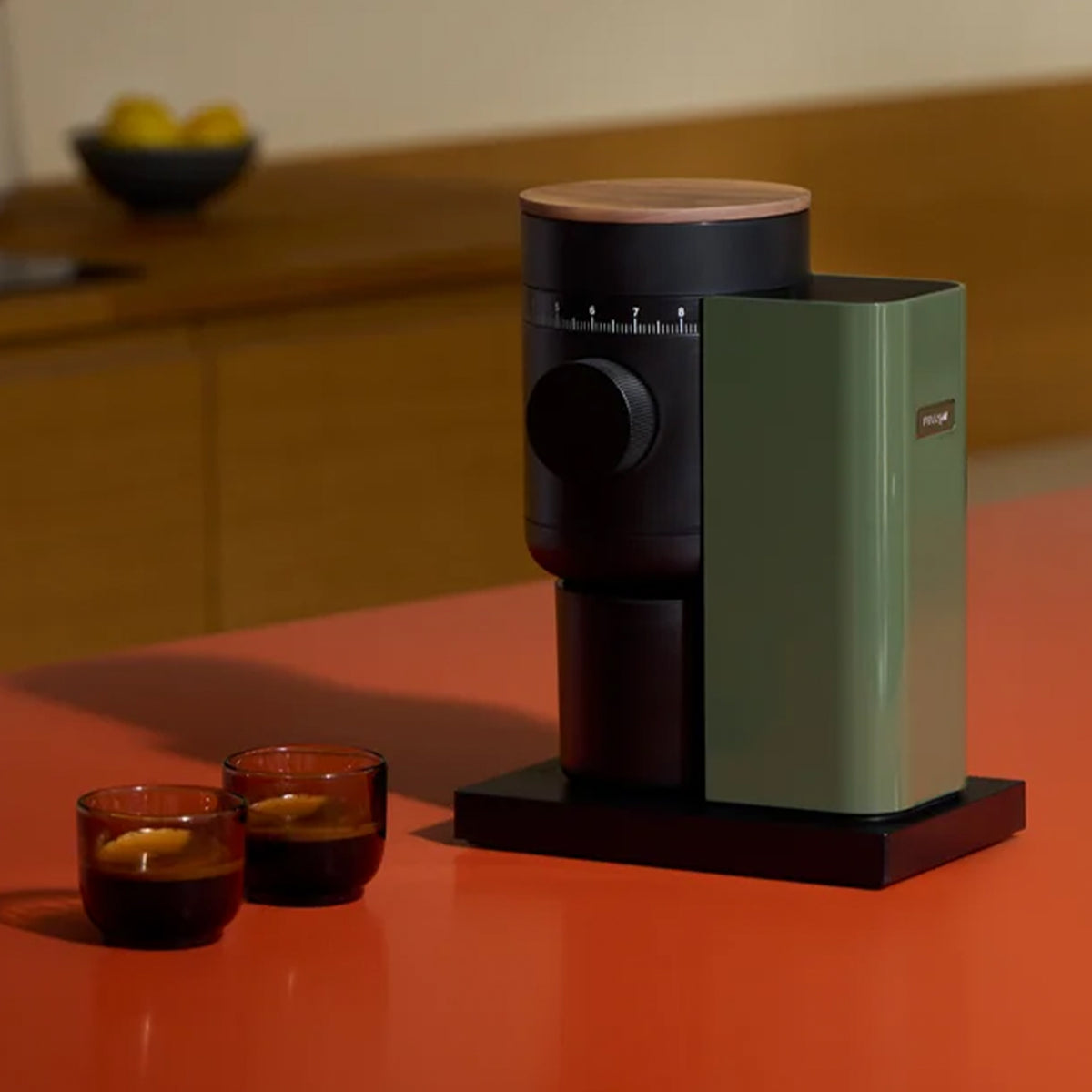 Fellow Opus 2 Grinder in Woodland on a kitchen bench