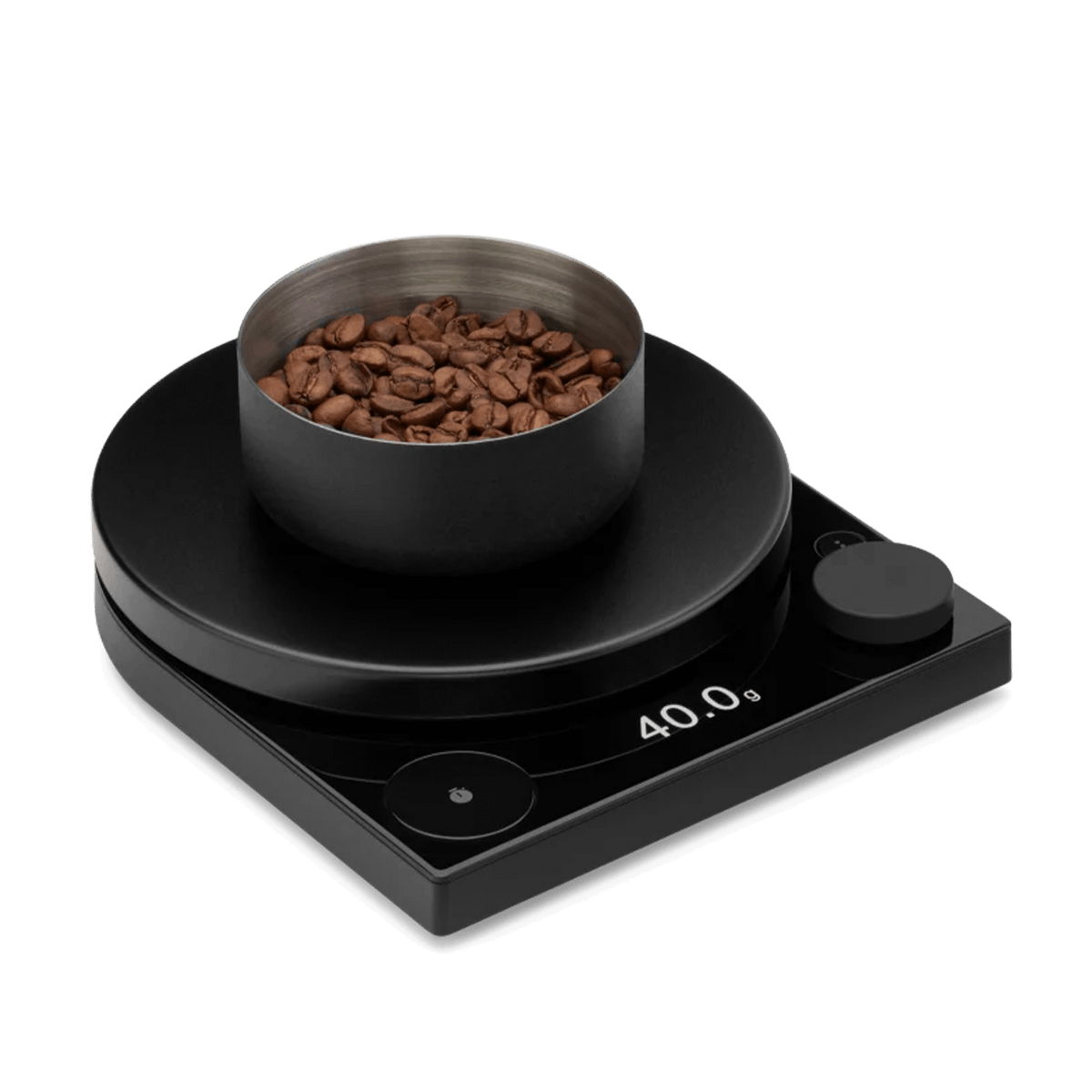 Fellow Tally Pro Precision Scale in Matte Black weighing coffee beans, angled side view