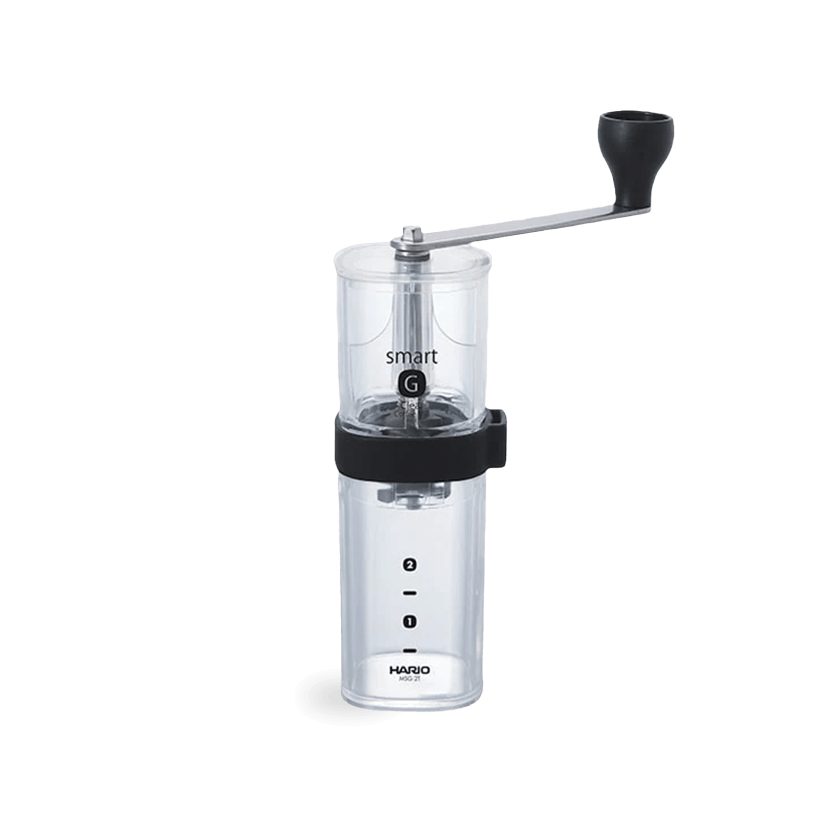 A compact Hario Smart G Hand Grinder with a conical burr mill, primarily silver in color with black accents.