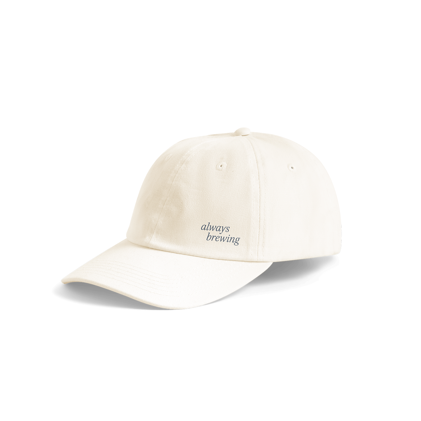 A beige 5-panel cap with a logo on the front