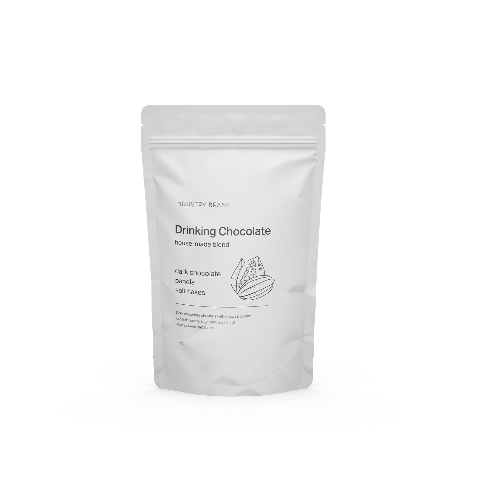 A sealed white package labeled 'Drinking Chocolate 1kg' against a white background.