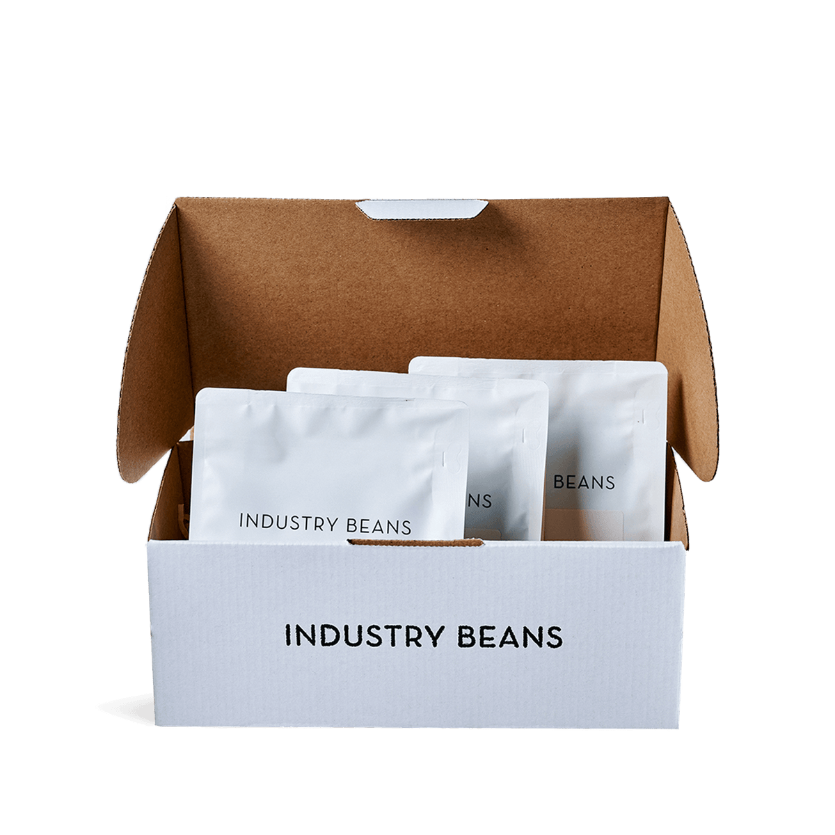 An Industry Beans shipper box with three 80g blends. Coffee Sample Pack