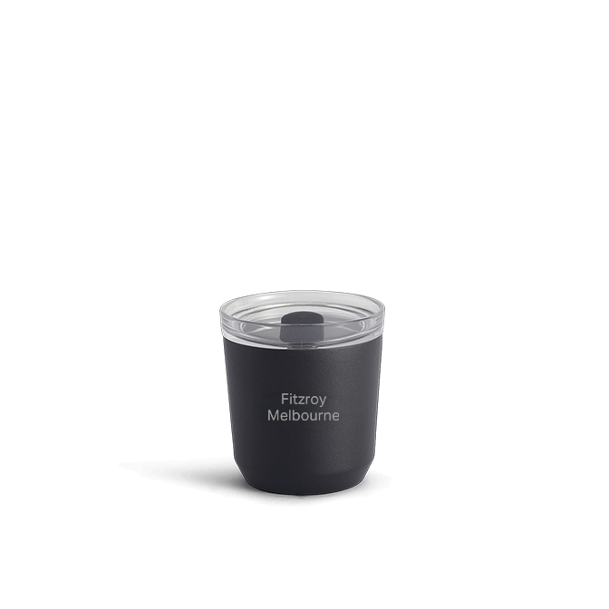 a black reusable coffee cup with clear lid