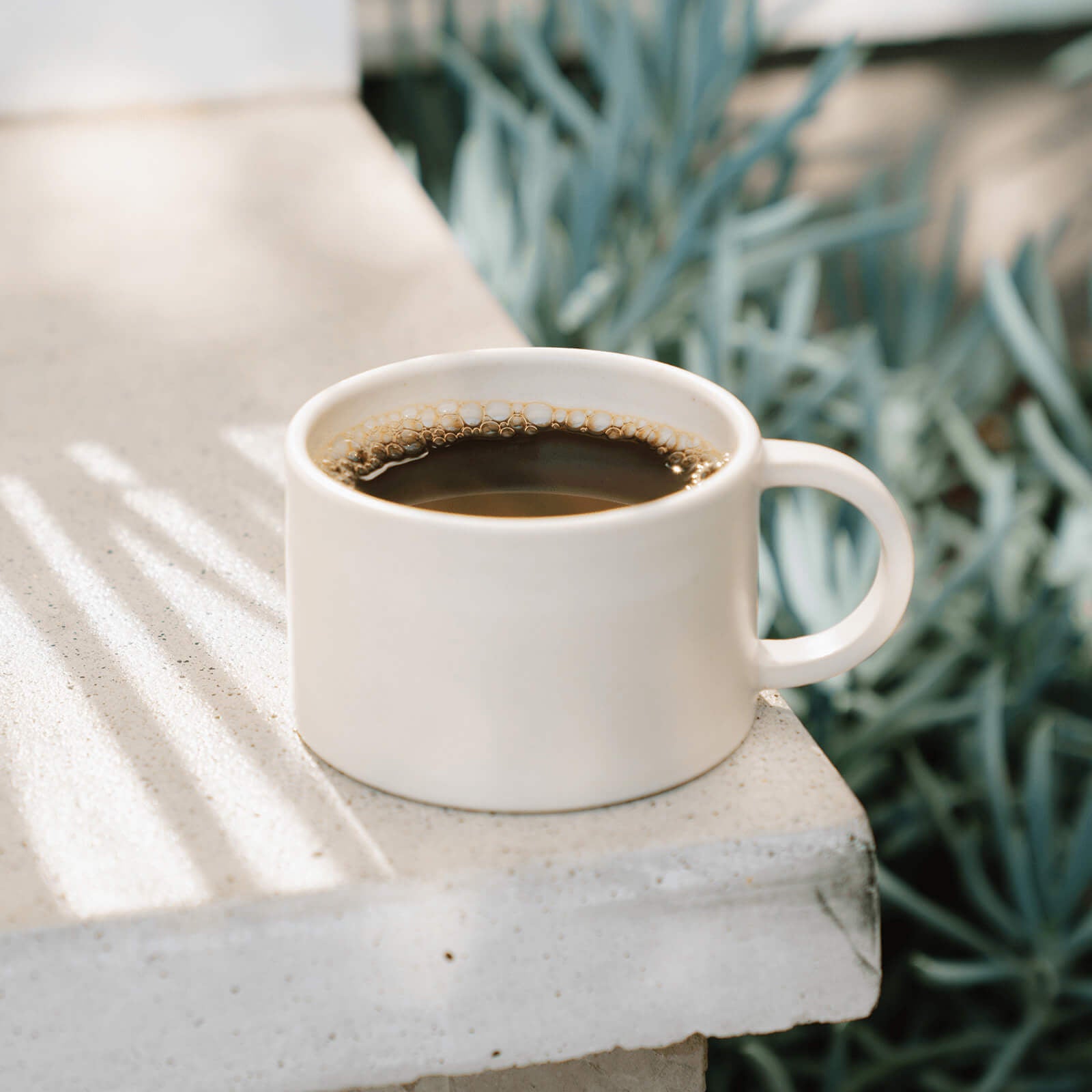 White mug of coffee on a stone surface with plants in the background