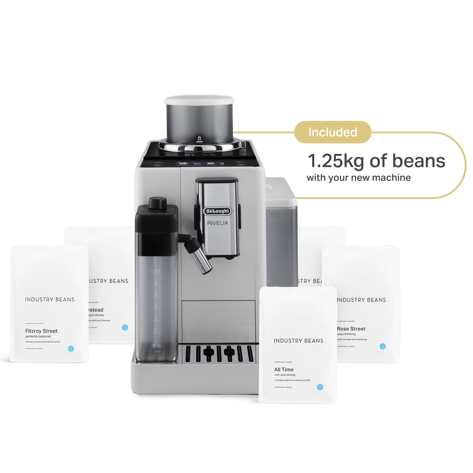 De'Longhi Rivelia Automatic Coffee Machine with a portafilter attached to it and coffee bags displayed in front.