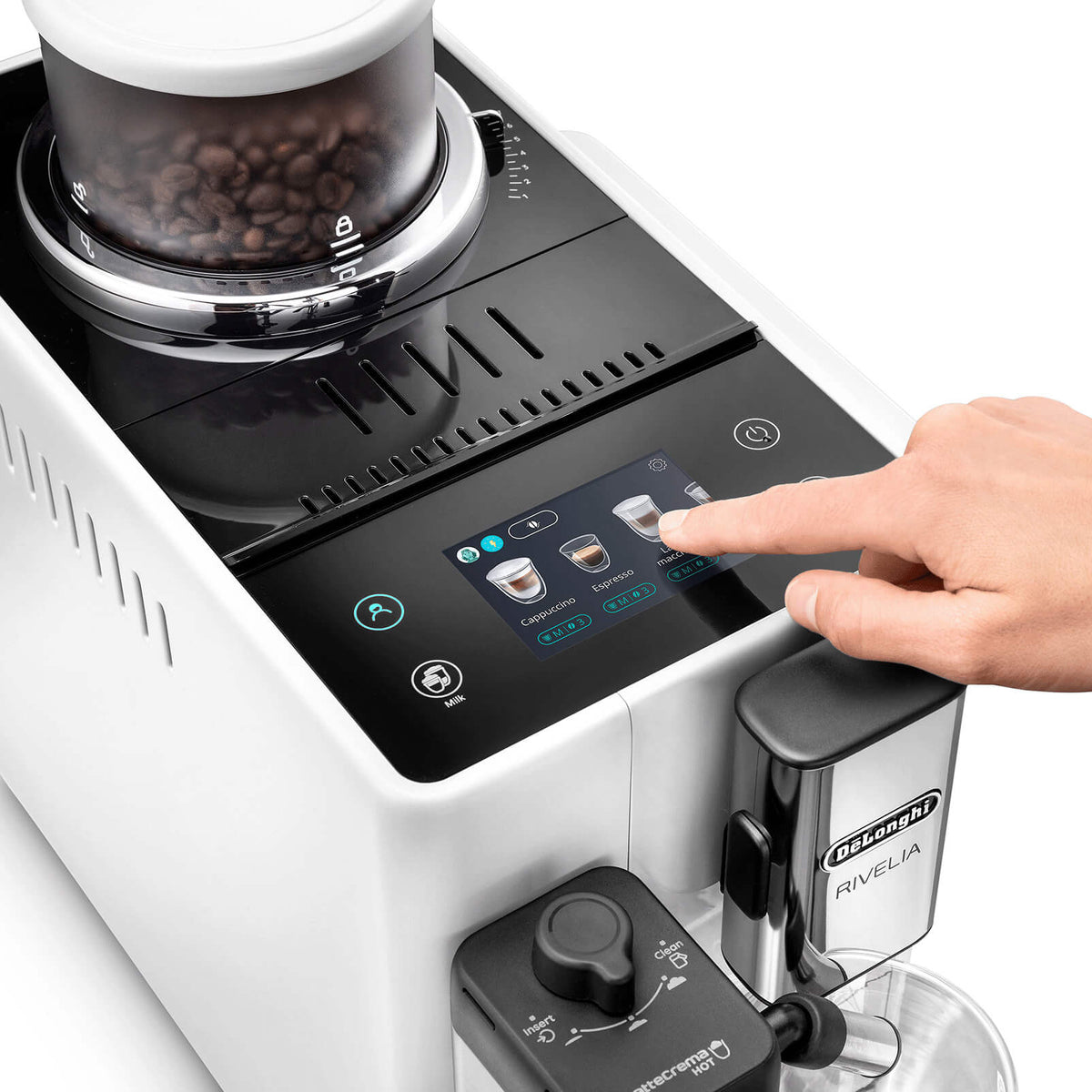 Coffee machine with a hand interacting with the touch screen on a white background