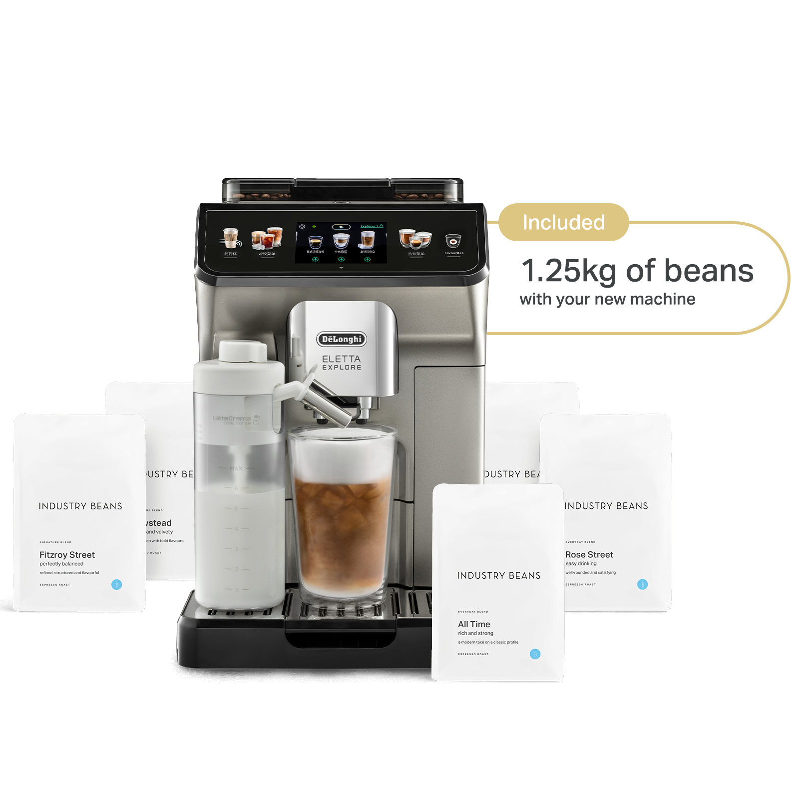 De'longhi Eletta Explore Automatic Coffee Machine with Cold Brew function, showcasing the machine's display and dispensing coffee into a cup.