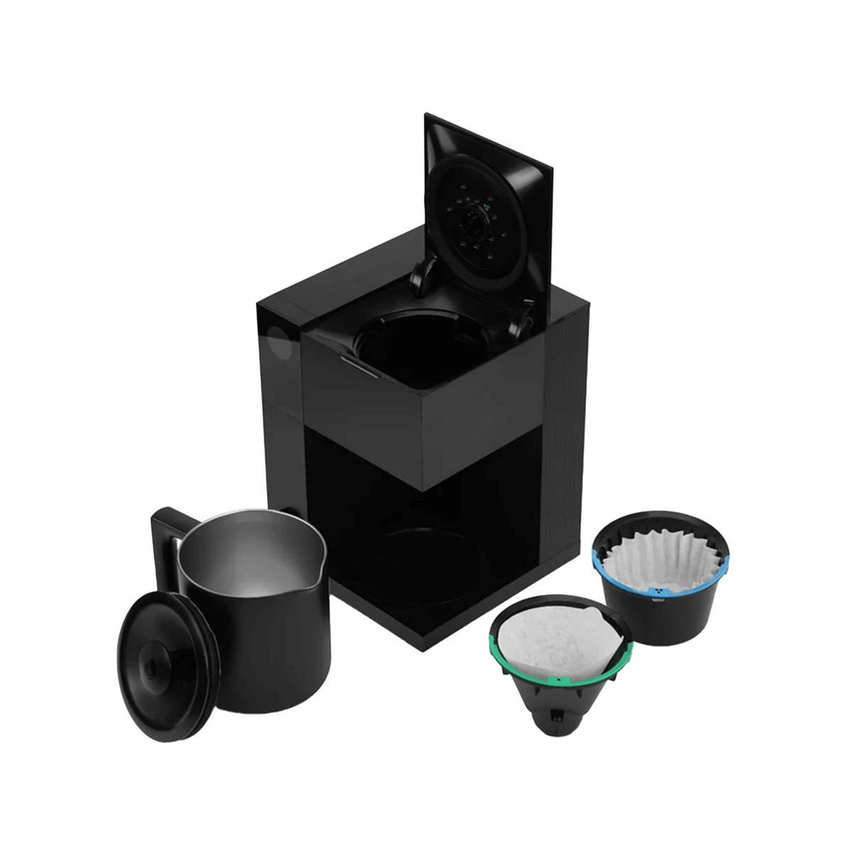 Black coffee-making device with accessories on a white background