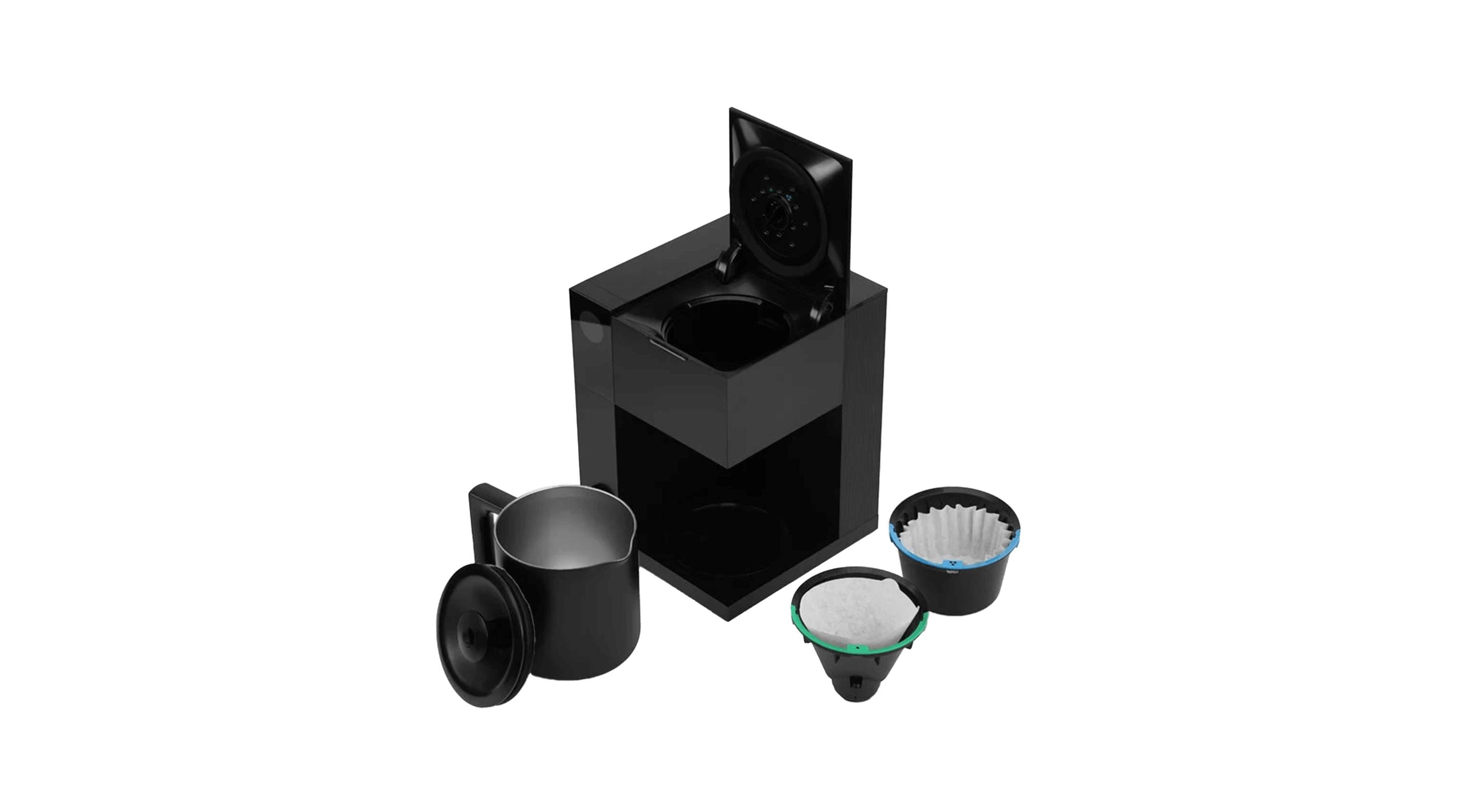 Black coffee-making device with accessories on a white background