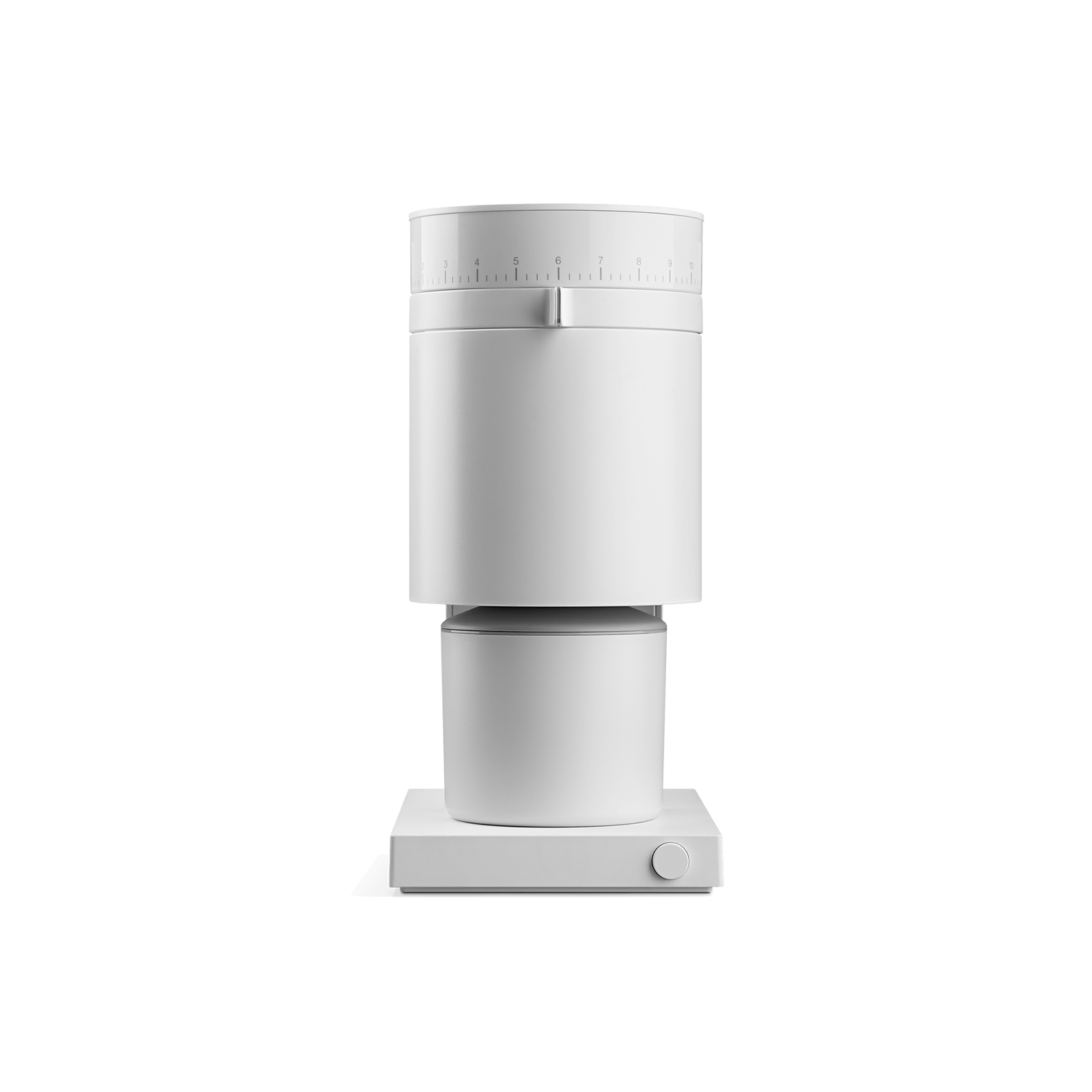 A minimalist white coffee grinder with a cylindrical body, a top dial, and a square base with a small round control, shown on a solid white background.