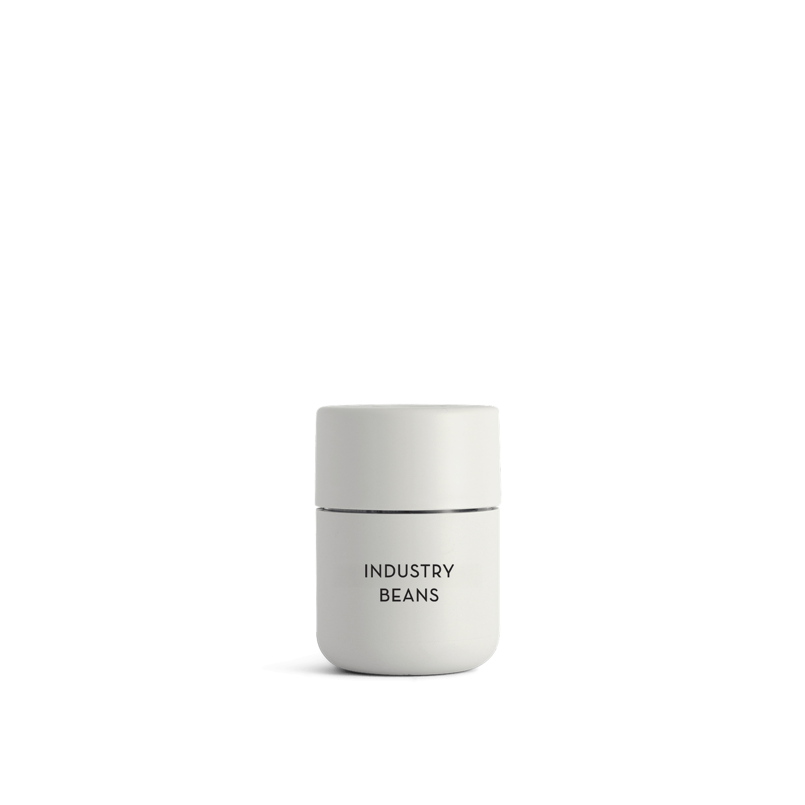White cup with 'Industry Beans' branding on a black background