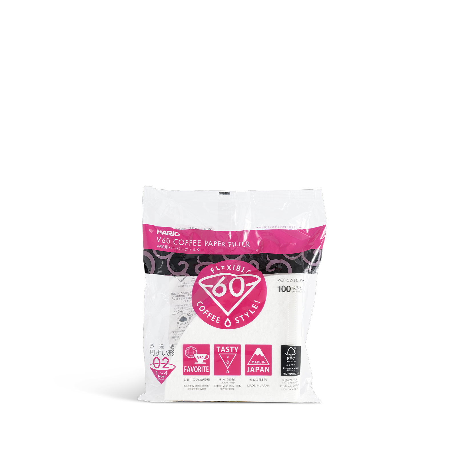 A pack of Hario 02 Filter Papers, designed for Hario v60 coffee makers. The pack is white with a pink Hario logo and text.