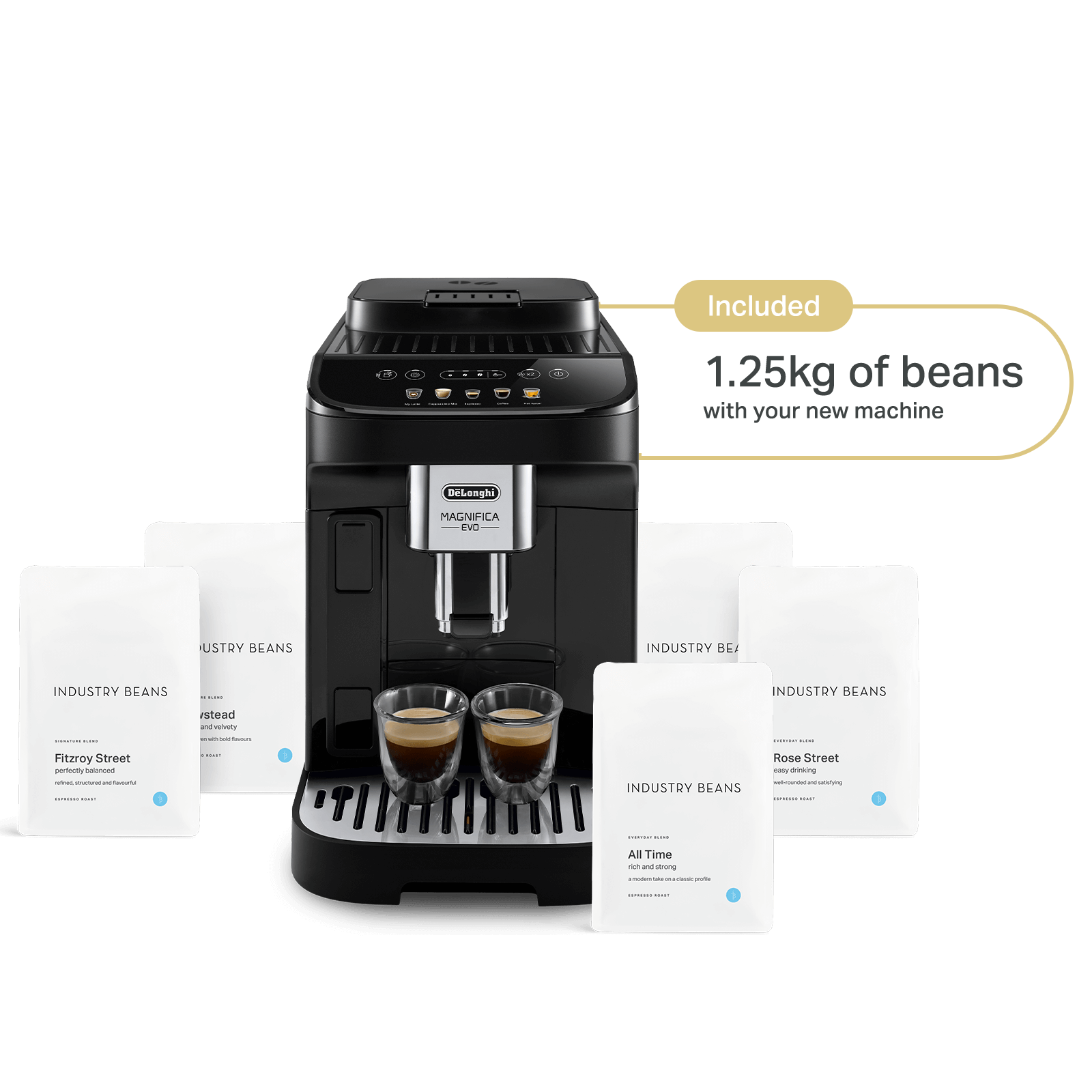 De'Longhi Magnifica Evo Automatic Coffee Machine in black color with a user interface, milk foam container, and coffee cups.