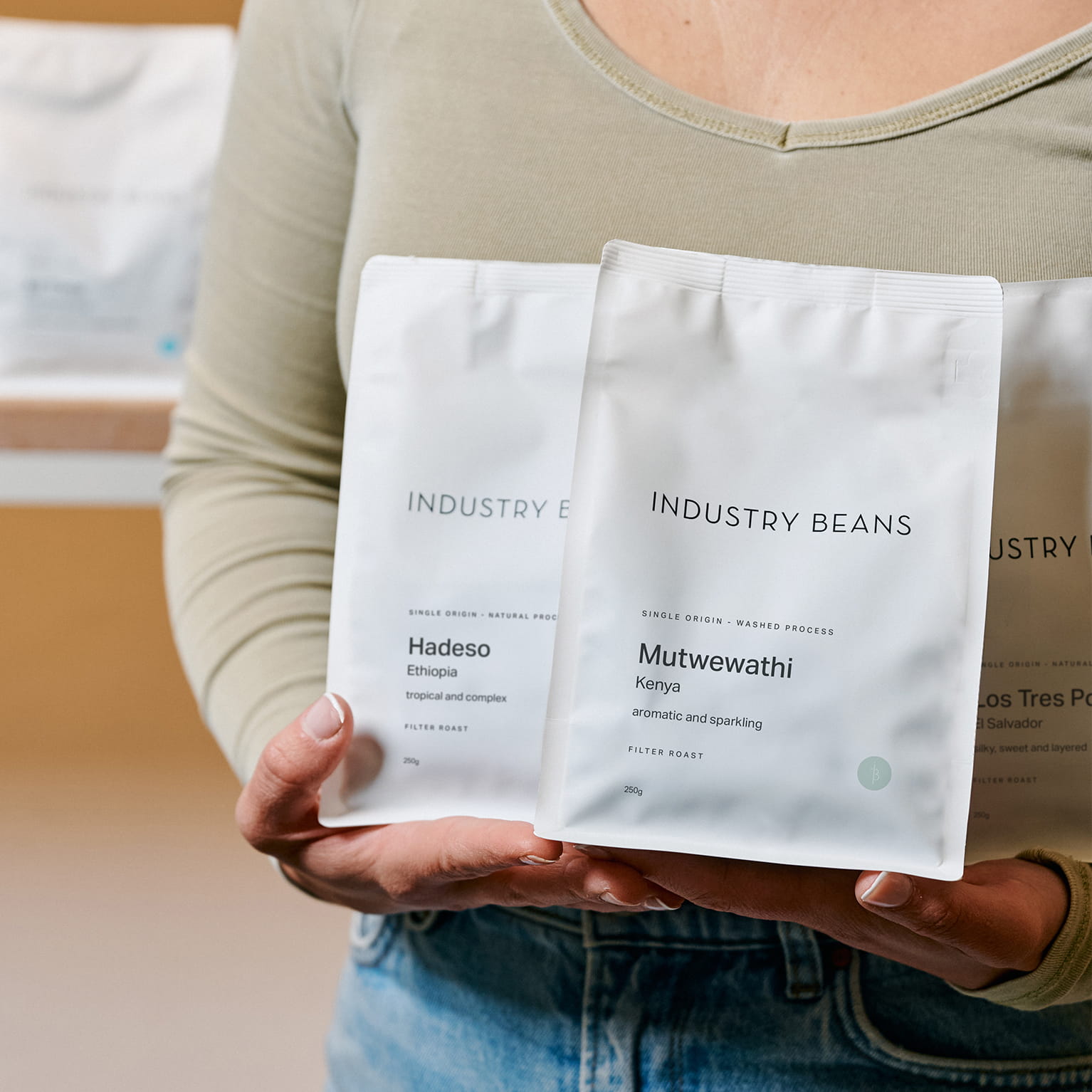 A person holding three bags of industry beans filter roasts